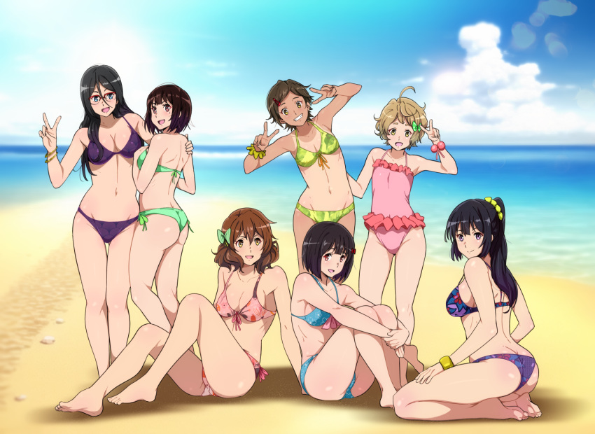 6+girls :d ahoge bangs bare_arms bare_legs bare_shoulders barefoot beach bikini black_hair blonde_hair blue_bikini blue_eyes blue_sky bow bracelet breasts brown_eyes cleavage closed_mouth cloud day double_v frilled_one-piece_swimsuit frills front-tie_bikini_top front-tie_top glasses green_bikini green_bow green_eyes grin hair_between_eyes hair_bow halterneck hibike!_euphonium high_ponytail hisaishi_kanade horizon jewelry katou_hazuki kawashima_sapphire knees_up kousaka_reina lens_flare long_hair looking_at_viewer medium_breasts multiple_girls nakaseko_kaori navel ocean one-piece_swimsuit one-piece_tan open_mouth oumae_kumiko outdoors over-rim_eyewear pink_bikini pink_eyes purple_bikini purple_eyes red-framed_eyewear sbel02 scrunchie seiza semi-rimless_eyewear shore short_hair side-tie_bikini_bottom sitting sky smile standing stomach sunlight swept_bangs swimsuit tan tanaka_asuka tanlines v wrist_scrunchie yellow_eyes