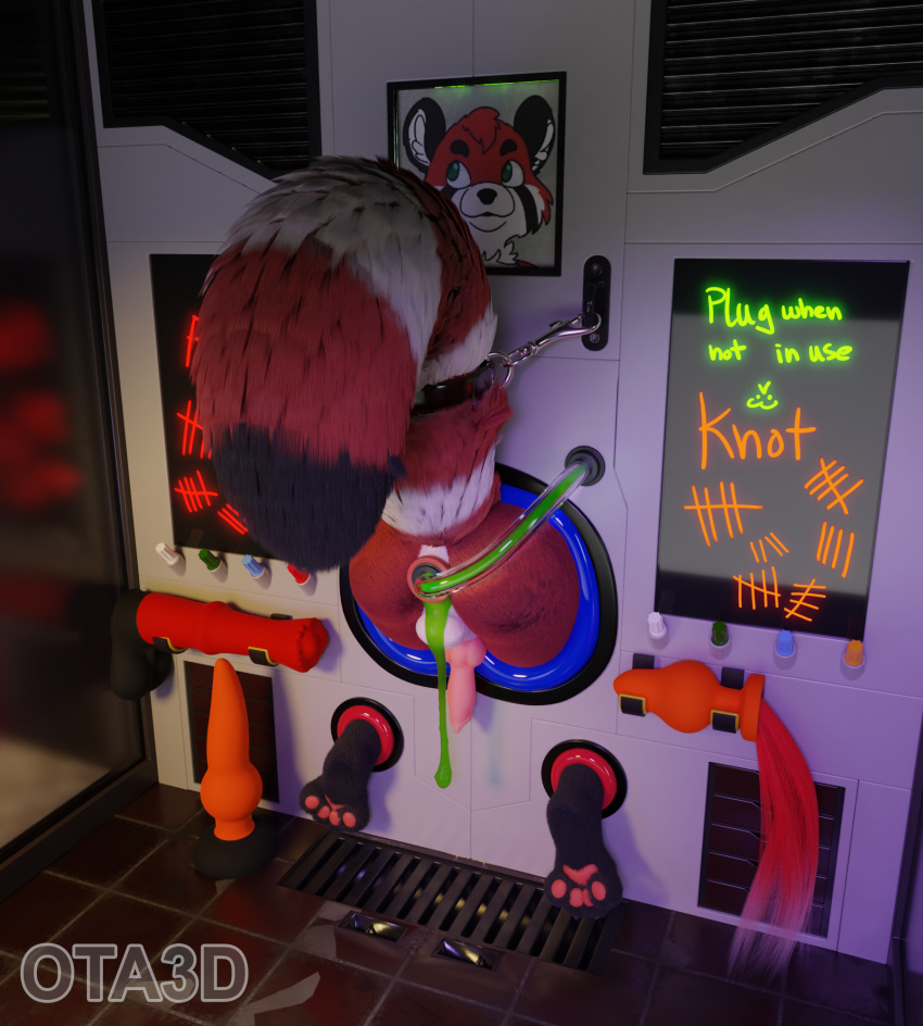 3d_(artwork) bear buttplug buttplug_tail digital_media_(artwork) fake_tail fluffy fluffy_tail giant_panda hi_res hindpaw male mammal markings ota_3d paws plug_(sex_toy) public_use restraints sex_toy slime solo tail tail_markings writing_on_wall