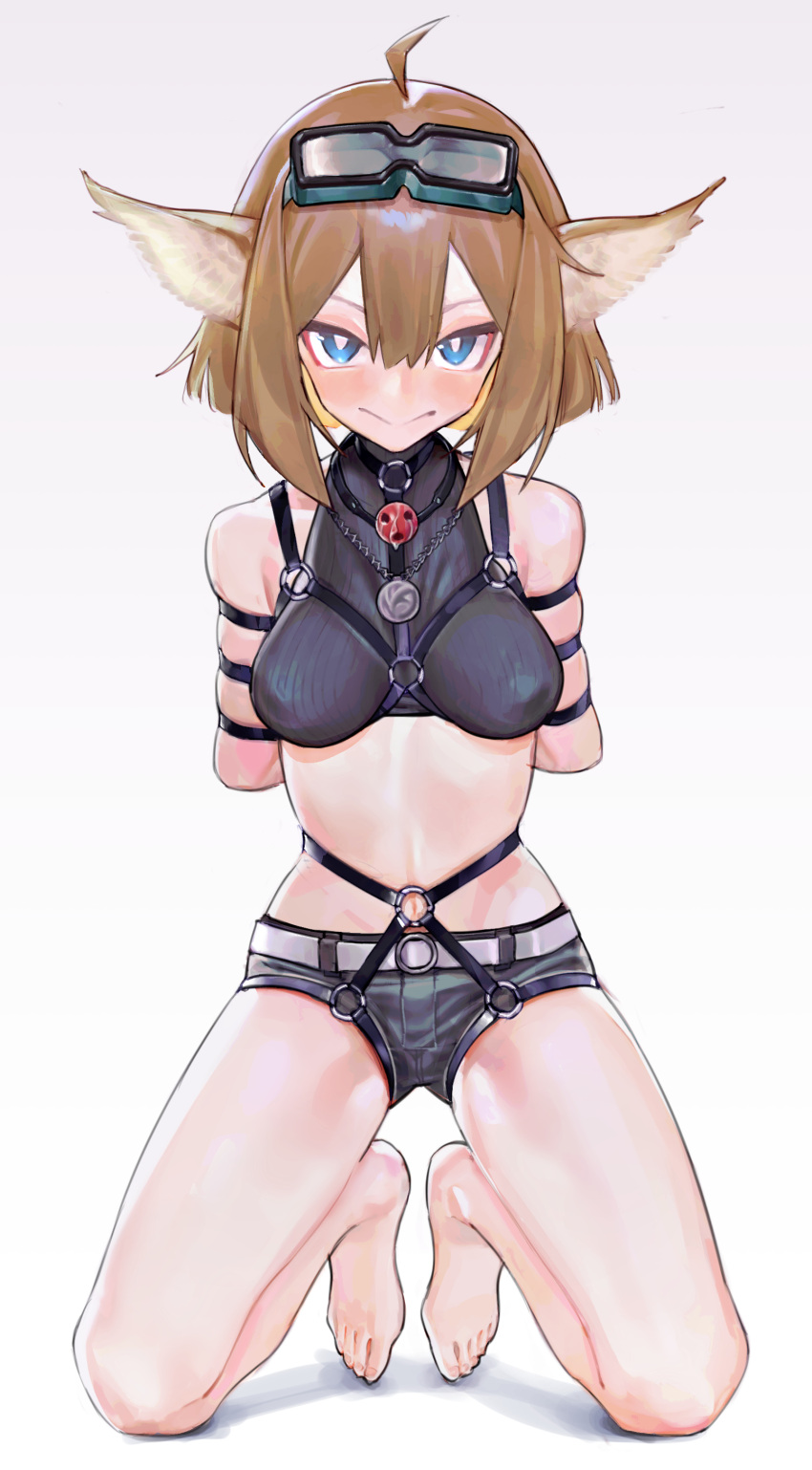 1girl absurdres aciddrop_(arknights) ahoge animal_ears arknights ball ball_gag barefoot bdsm blue_eyes bondage bound bound_arms breasts bright_pupils brown_hair full_body gag gag_around_neck goggles goggles_on_head harness highres kneeling looking_at_viewer medium_breasts saaal653 second-party_source short_hair short_shorts shorts skindentation solo unworn_gag variant_set white_pupils wiffle_gag