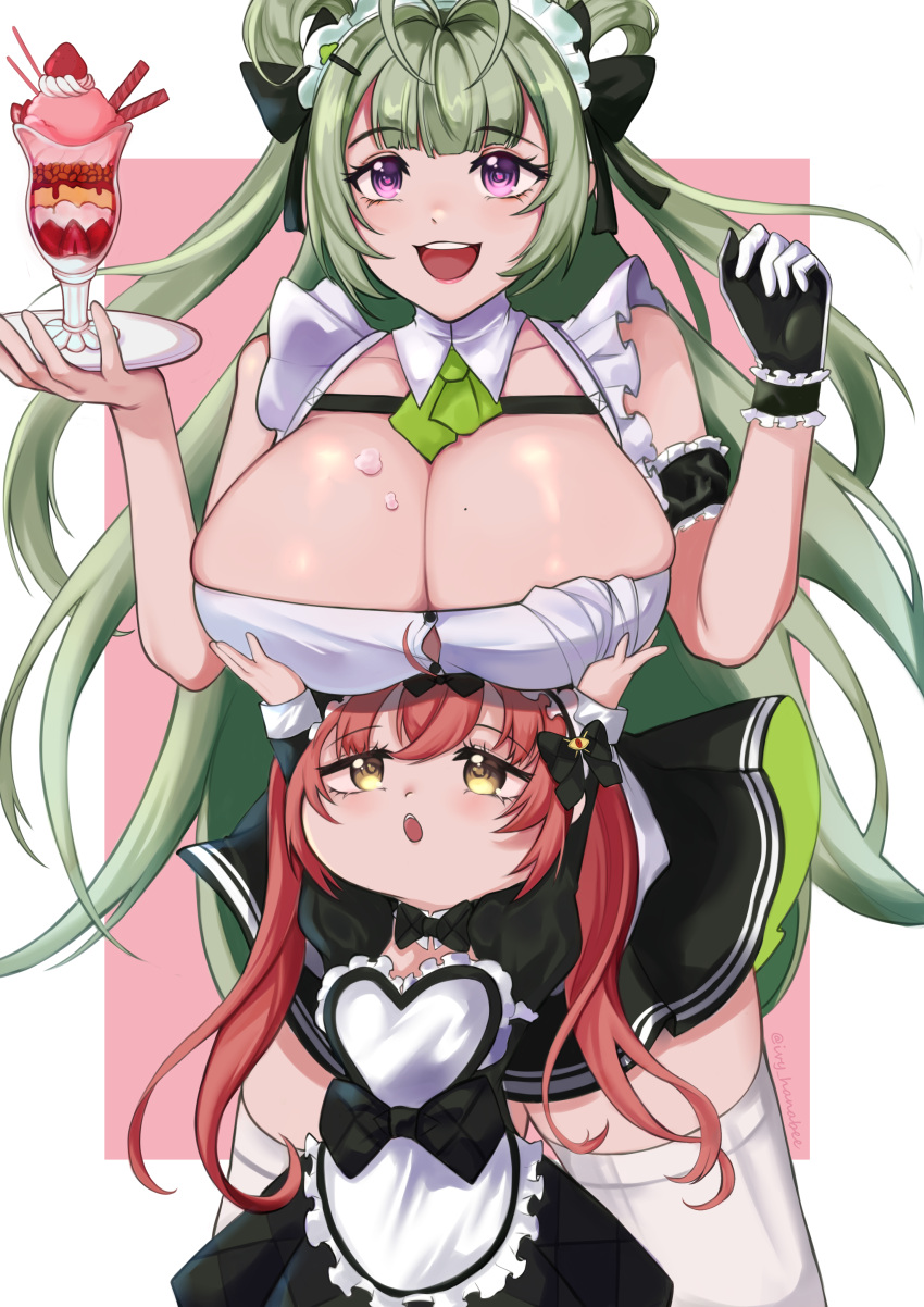 2girls absurdres antenna_hair apron arm_cuffs arm_under_breasts ascot black_bow black_bowtie black_dress black_skirt blush bottle bow bowtie breast_hold breast_strap breasts button_gap chest_strap chestnut_mouth chibi cleavage cocoa_(nikke) detached_collar double_bun dress feet_out_of_frame floating_hair food food_on_body food_on_breasts frilled_dress frilled_hairband frills fruit full_body garter_straps gloves goddess_of_victory:_nikke green_ascot green_hair hair_between_eyes hair_bow hair_bun hair_ornament hairband highres holding holding_plate huge_breasts ice_cream ivy_hana_03 juliet_sleeves kneeling leaning_forward light_blush long_hair long_sleeves maid maid_apron maid_headdress mole mole_on_breast multiple_girls open_mouth parted_lips pink_eyes pink_hair plate pleated_skirt puffy_sleeves simple_background skirt sleeveless small_breasts smile soda_(nikke) standing strawberry thighhighs twintails two-tone_gloves white_apron white_background white_thighhighs yellow_eyes zettai_ryouiki
