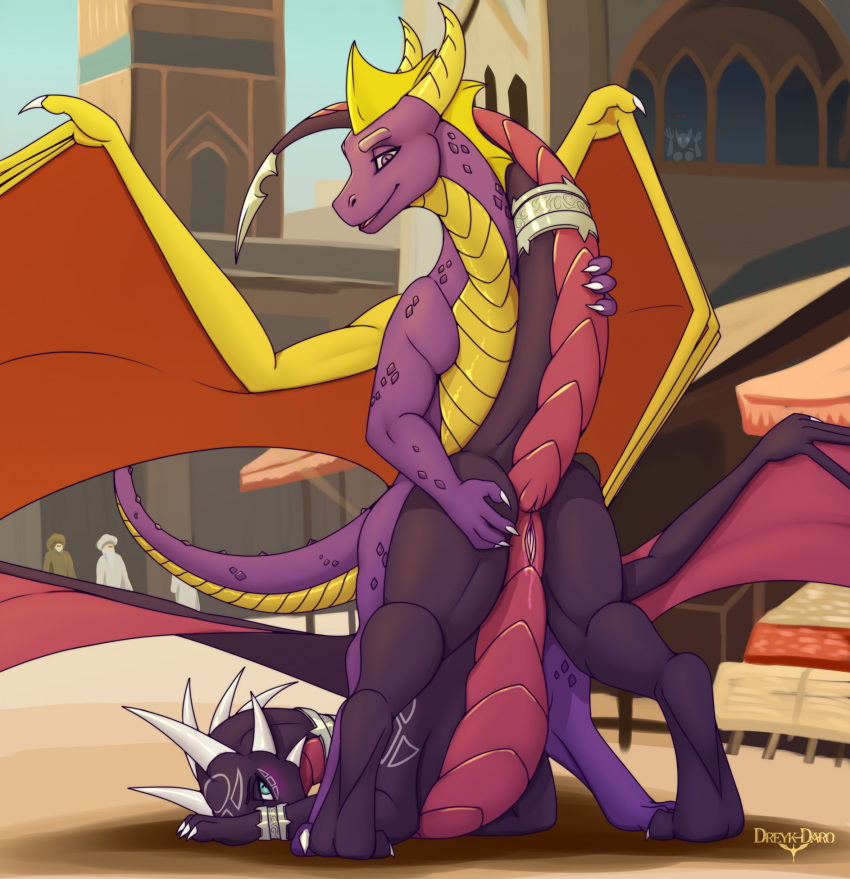 accessory activision anus ass_up belly_scales blade bracelet butt claws cynder dragon dreyk-daro duo female feral furgonomics hi_res horn jewelry male male/female membrane_(anatomy) membranous_wings outside presenting presenting_hindquarters public purple_body purple_scales raised_tail scales scalie spyro spyro_the_dragon tail tail_accessory tail_blade tail_jewelry weapon_tail wings yellow_body yellow_scales