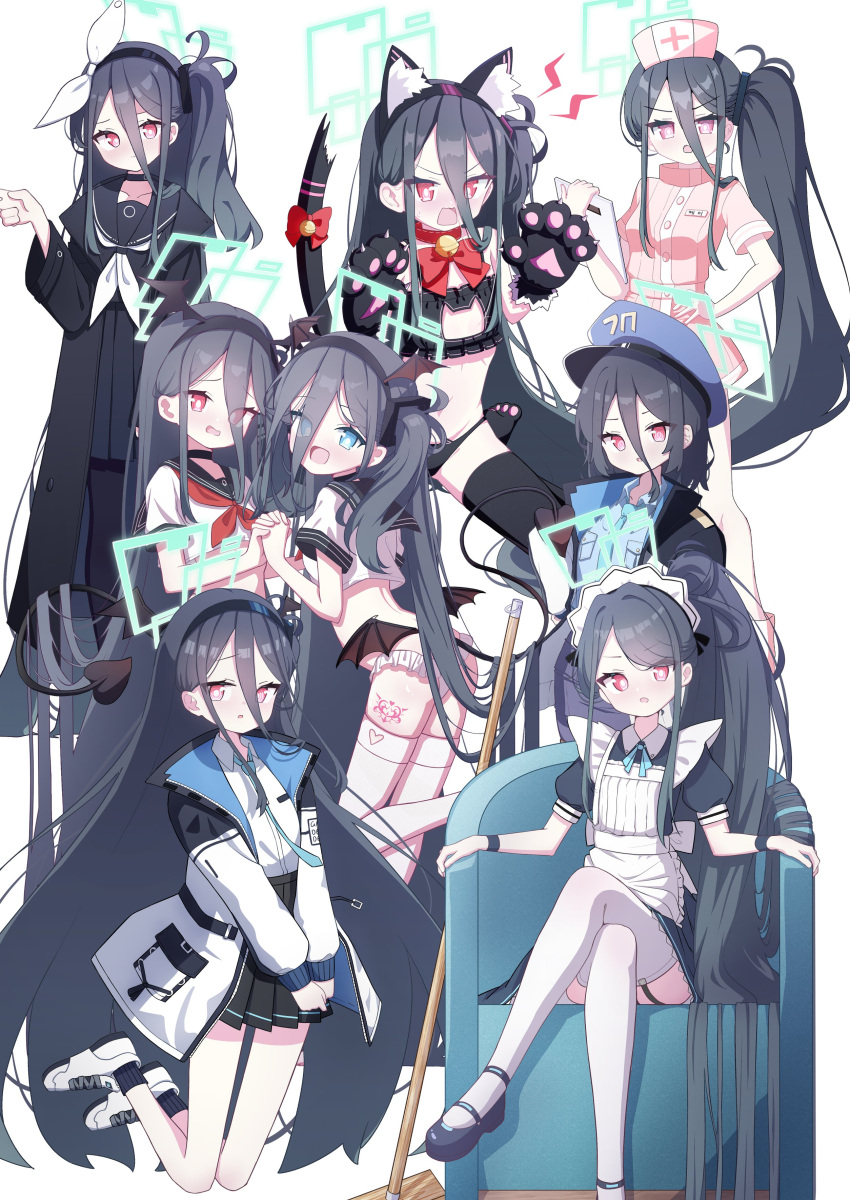 &lt;key&gt;_(blue_archive) 2girls 525_woiwo absurdres apron aris_(blue_archive) aris_(maid)_(blue_archive) black_dress black_footwear black_hair black_jacket blue_archive blue_headwear blue_shirt collared_shirt cosplay couch crossed_legs double-parted_bangs dress frilled_apron frills green_halo hair_between_eyes halo hand_on_own_hip hat highres holding holding_tablet_pc jacket long_bangs long_hair looking_at_viewer maid_apron maid_headdress multiple_girls nurse_cap on_couch open_clothes open_jacket open_mouth parted_bangs pink_eyes pink_headwear pink_shirt pink_skirt plana_(blue_archive) plana_(blue_archive)_(cosplay) police_hat puffy_short_sleeves puffy_sleeves serina_(blue_archive) serina_(blue_archive)_(cosplay) shirt short_sleeves side_ponytail sidelocks sitting skirt swept_bangs tablet_pc thighhighs v-shaped_eyebrows very_long_hair white_apron white_headdress white_headwear white_thighhighs