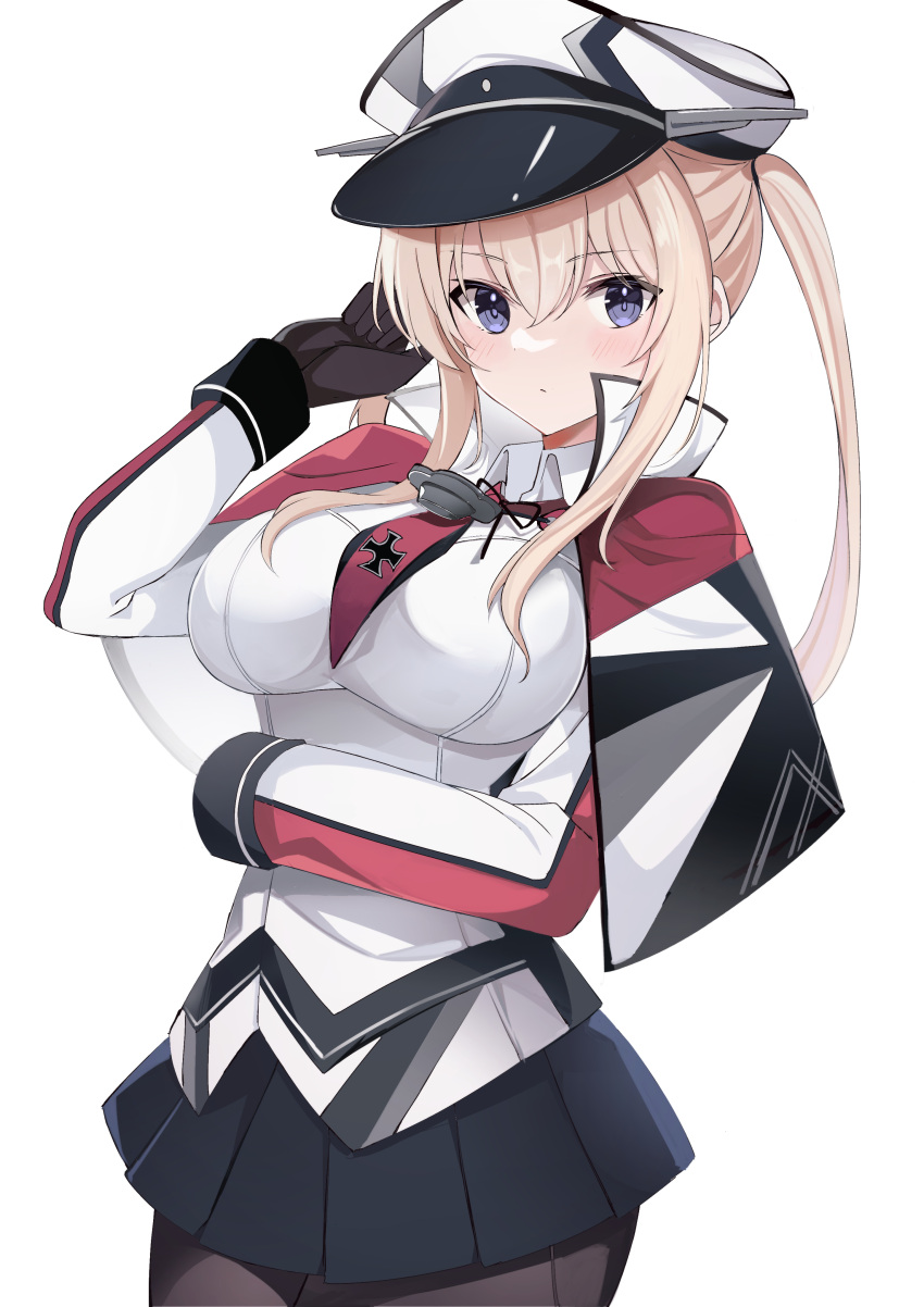 1girl absurdres black_gloves black_pantyhose black_skirt blonde_hair blush breasts capelet closed_mouth cowboy_shot cross fathom gloves graf_zeppelin_(kancolle) hair_between_eyes hat highres iron_cross kantai_collection large_breasts long_hair long_sleeves necktie pantyhose peaked_cap pleated_skirt purple_eyes red_necktie sidelocks simple_background skirt solo twintails white_background white_headwear