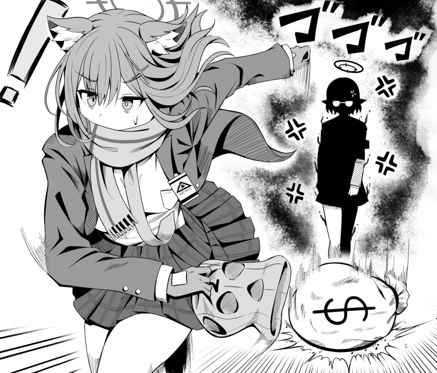 ! 2girls angry animal_ear_fluff animal_ears aura ayane_(blue_archive) balaclava blazer blue_archive collared_shirt commentary_request cross_hair_ornament dollar_sign extra_ears fleeing glasses greyscale hair_between_eyes hair_ornament halo highres holding holding_mask id_card jacket karikura_(atatata71) long_sleeves looking_at_another mask mask_removed medium_hair monochrome multiple_girls necktie plaid plaid_skirt pleated_skirt pointy_ears running sack scarf school_uniform shiroko_(blue_archive) shirt short_hair sidelocks skirt sweatdrop translation_request v-shaped_eyebrows wolf_ears wolf_girl