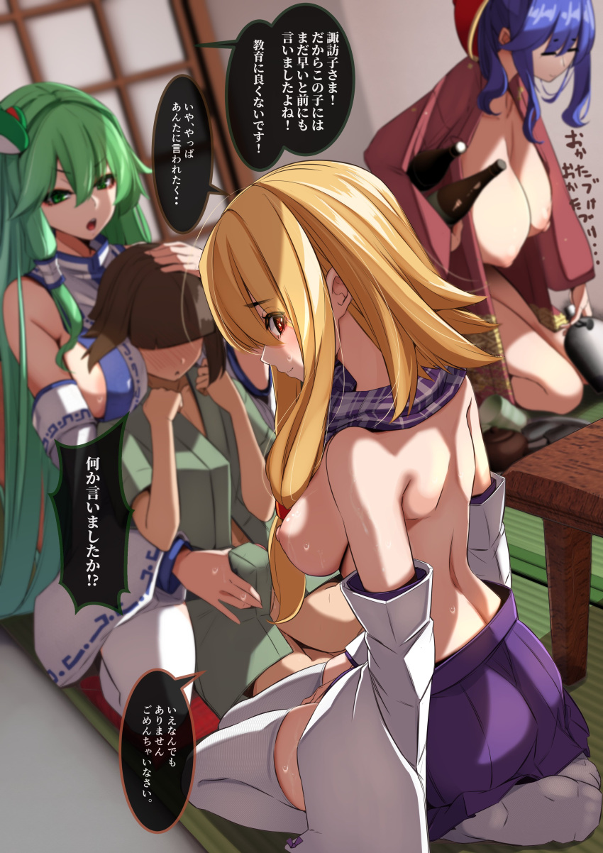 1boy 3girls absurdres areola_slip blonde_hair blue_hair blurry blurry_background bottle breasts brown_hair bulge closed_eyes closed_mouth commentary_request detached_sleeves erection erection_under_clothes green_eyes green_hair green_kimono highres indoors japanese_clothes kimono kochiya_sanae large_breasts long_hair moriya_suwako multiple_girls nipples plaid plaid_scarf purple_scarf purple_skirt red_eyes scarf seiza short_hair sidelocks sitting skirt smile speech_bubble thighhighs touhou translation_request very_long_hair white_thighhighs wine_bottle yasaka_kanako yukito_(dreamrider)