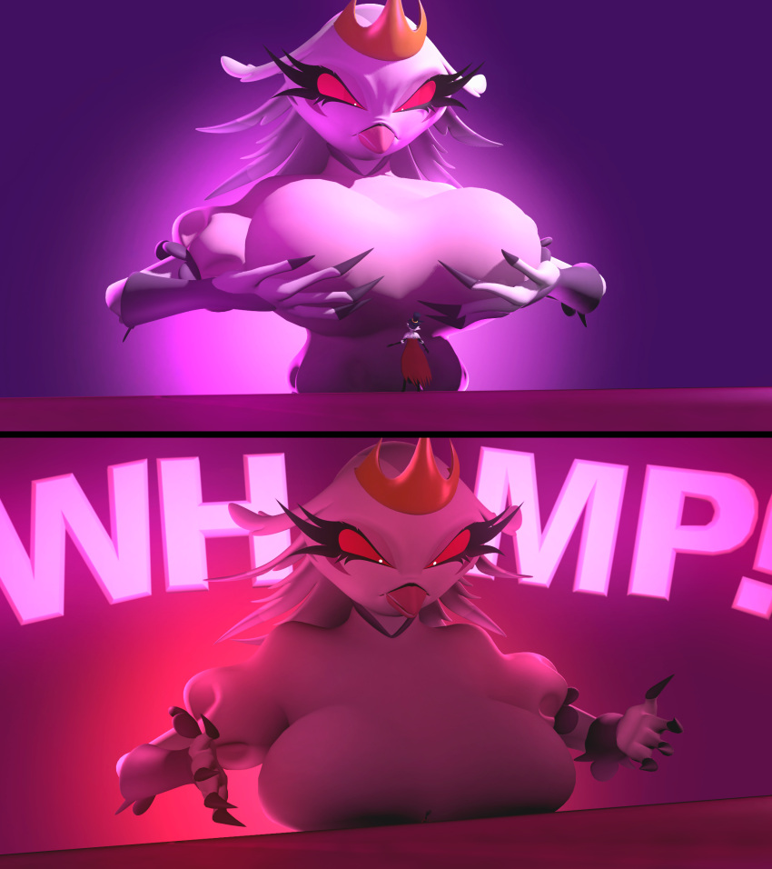 3d_(artwork) angry anthro avian beak bird breast_smother breasts clothing crown demon digital_media_(artwork) duo extreme_size_difference feathers female hair headgear helluva_boss hi_res holding_breast male male/female micro owl owl_demon red_eyes simple_background size_difference smothering stella_(helluva_boss) stolas_(helluva_boss) tallheights white_body