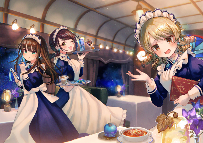 3girls ;d absurdres alternate_costume apron blue_dress blush brown_hair dress drill_hair enmaided food highres holding holding_menu holding_notebook holding_tray idolmaster idolmaster_cinderella_girls juliet_sleeves light_brown_hair long_sleeves looking_at_viewer maid maid_headdress menu morikubo_nono multiple_girls notebook one_eye_closed puffy_sleeves restaurant shibuya_rin smile soup straight_hair swept_bangs tray white_apron yamato_aki yukinuno