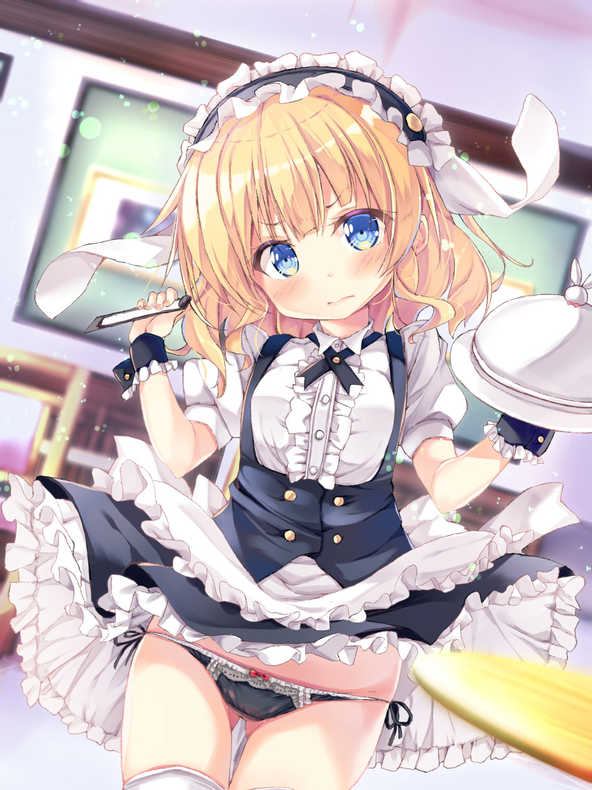 1girl absurdres accidental_exposure angry animal_ears apron ass_visible_through_thighs black_hairband black_panties black_skirt blonde_hair blue_eyes blush bodice bow bow_panties center_frills collared_shirt commentary_request cowboy_shot embarrassed fake_animal_ears fleur_de_lapin_uniform frilled_apron frilled_cuffs frilled_hairband frilled_shirt frills gochuumon_wa_usagi_desu_ka? hairband highres holding holding_tray indoors kirima_syaro lolita_hairband looking_at_viewer maid medium_hair neko_pan panties pantyshot petticoat puffy_short_sleeves puffy_sleeves rabbit_ears shirt short_sleeves side-tie_panties skirt solo thighhighs tray underbust underwear uniform waist_apron waitress wavy_hair white_apron white_shirt white_thighhighs wind wind_lift wrist_cuffs