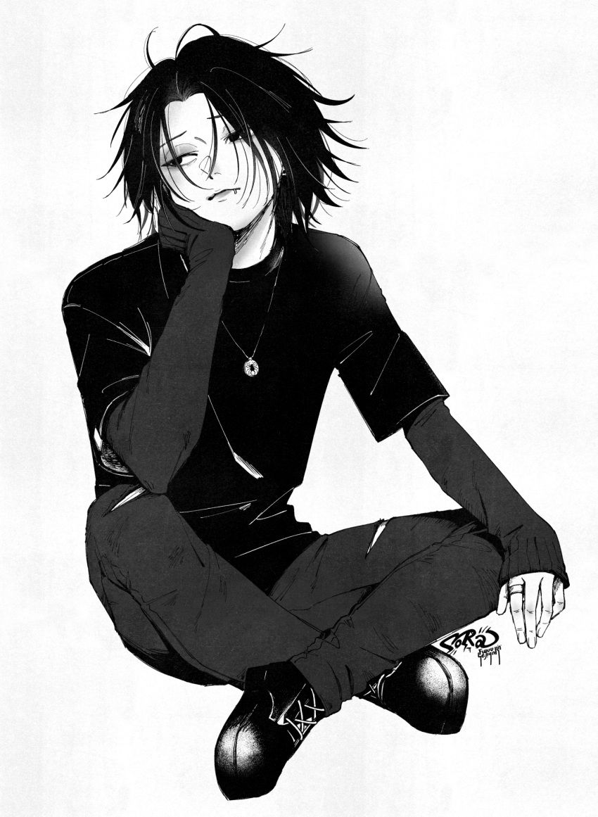 1boy alternate_costume crossed_legs elbow_rest eyeshadow feitan_portor full_body greyscale highres hunter_x_hunter jewelry lip_piercing long_sleeves looking_to_the_side makeup male_focus monochrome necklace nora_gates pants parted_bangs piercing ring shirt short_hair sleeves_past_wrists solo torn_clothes torn_pants