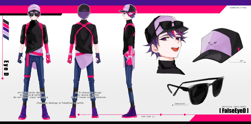 1boy absurdres baseball_cap black_shirt blue_gloves blue_pants character_name color_guide earpiece eon_/_ieon eyewear_on_head falseeyed from_behind from_side glasses gloves hat highres multicolored_hair open_mouth pants partially_fingerless_gloves pink_hair pink_pupils purple_eyes purple_footwear purple_hair reference_sheet second-party_source shirt shoes short_hair single_glove smiley_face streaked_hair sunglasses things_vtubers_say twitter_username two-tone_footwear