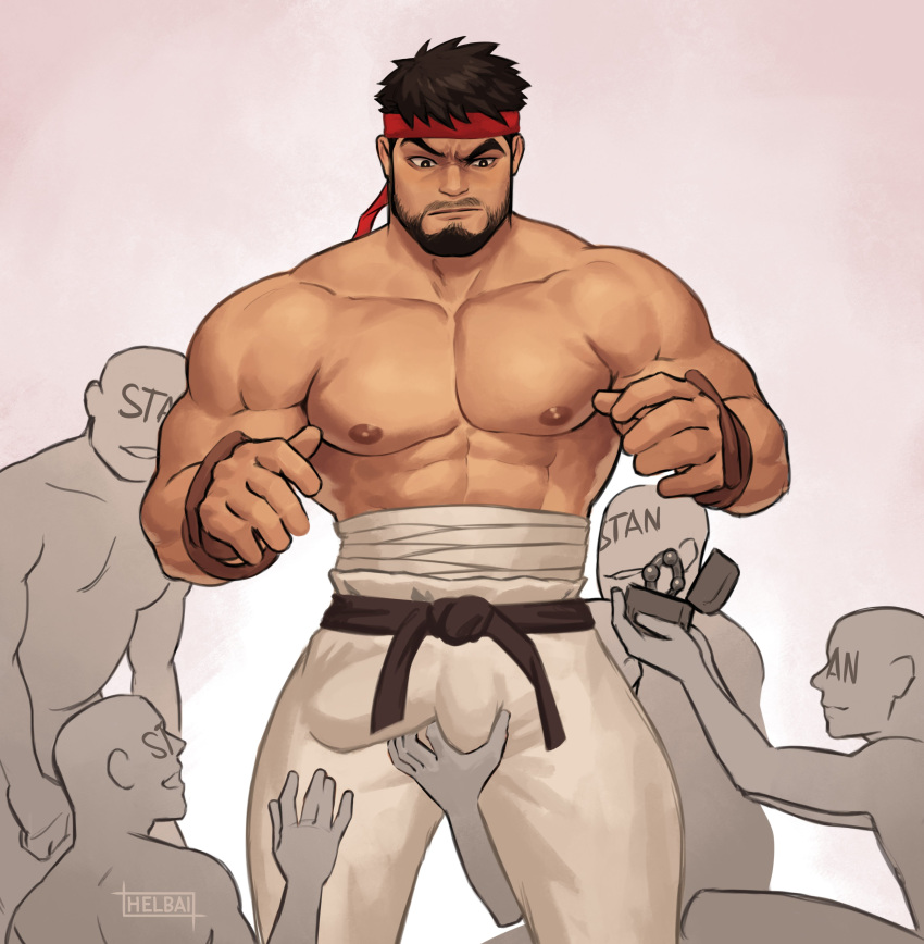 5boys abs absurdres artist_name bara beard belt black_belt black_hair brown_gloves bulge crotch_grab dougi erection erection_under_clothes extra faceless faceless_male facial_hair gloves groping headband highres large_pectorals male_focus mature_male midriff_sarashi multiple_boys muscular muscular_male mustache_stubble nipples pants pectorals proposal red_headband ryu_(street_fighter) sarashi short_hair simple_background solo_focus street_fighter street_fighter_6 topless_male white_pants whyhelbram yaoi