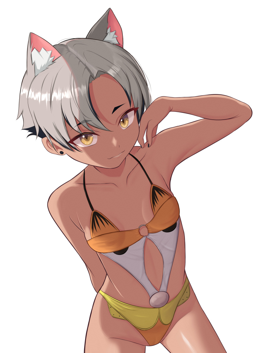 1girl absurdres animal_ear_fluff animal_ears black_nails breasts cat_ears collarbone extra_ears garfield garfield_(character) grey_hair groin highres kara_(vertigris) looking_at_viewer moriforests one-piece_swimsuit orange_one-piece_swimsuit original short_hair simple_background small_breasts solo swimsuit white_background yellow_eyes