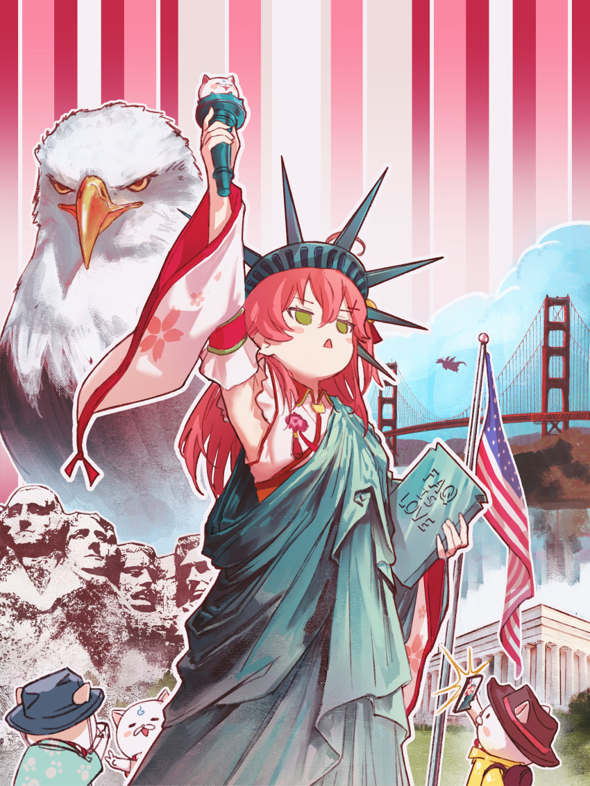 1girl 35p_(sakura_miko) 3others absurdres american_flag bald_eagle bird cat cellphone cosplay dragon eagle english_text engrish_text furry golden_gate_bridge green_eyes highres holding holding_phone hololive hyde_(tabakko) long_hair mount_rushmore multiple_others patriotism phone ranguage red_hair sakura_miko selfie smartphone statue_of_liberty taking_picture united_states