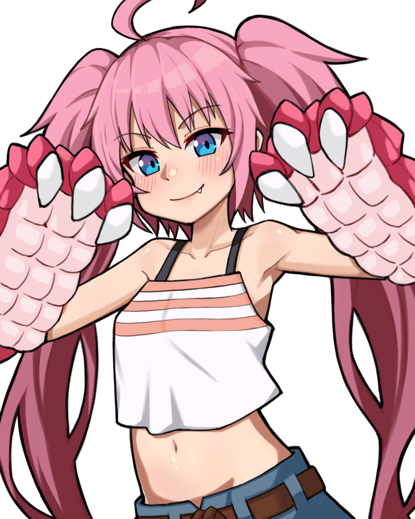 1girl absurdres ahoge armpits bare_shoulders belt blue_eyes blue_pants blush breasts brown_belt camisole claw_pose claws closed_mouth collarbone crop_top eyelashes fang gloves hair_between_eyes hands_up highres lips long_hair looking_at_viewer midriff milim_nava moumoonke navel pants pink_hair simple_background sleeveless small_breasts smile solo straight_hair striped tensei_shitara_slime_datta_ken twintails upper_body white_background white_camisole