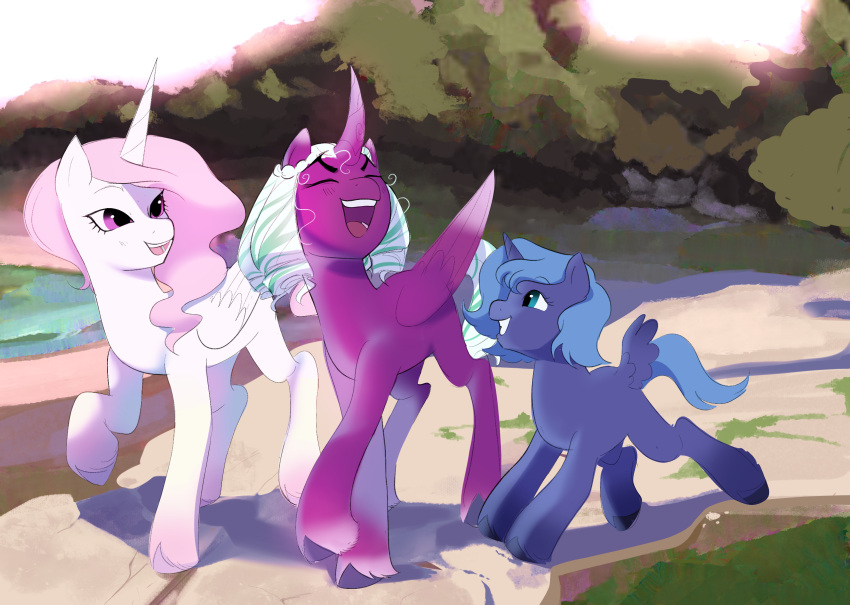 aztrial blue_body blue_fur blue_hair equid equine friendship_is_magic fur group hair hasbro hi_res hooves horn mammal mlp_g5 my_little_pony opaline_(mlp) open_mouth open_smile pink_hair princess_celestia_(mlp) princess_luna_(mlp) purple_body purple_fur smile trio white_body white_fur winged_unicorn wings young