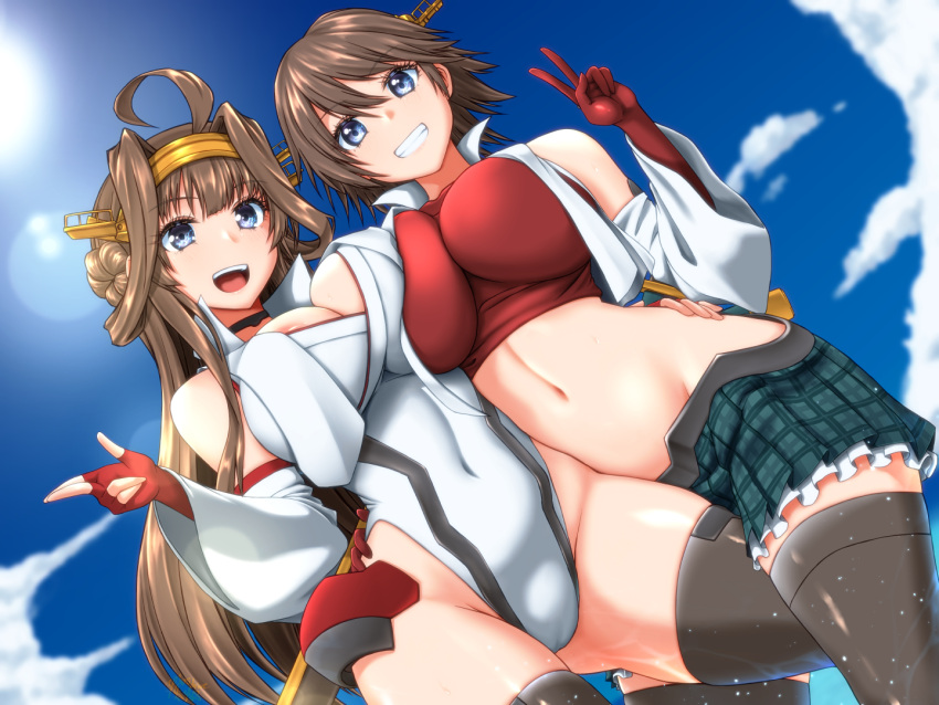 2girls adapted_costume ahoge areola_slip black_thighhighs blue_eyes blue_sky breasts brown_hair cloud covered_navel detached_sleeves double_bun elbow_gloves fingerless_gloves flipped_hair frilled_skirt frills gloves green_skirt hair_bun hairband headgear hiei_(kancolle) hiei_kai_ni_(kancolle) highleg highleg_leotard kantai_collection kongou_(kancolle) kongou_kai_ni_(kancolle) koutarou_(plusdrive) large_breasts leotard long_hair looking_at_viewer miniskirt multiple_girls navel open_mouth plaid plaid_skirt red_gloves short_hair skirt sky smile standing taimanin_suit thighhighs v very_long_hair white_leotard