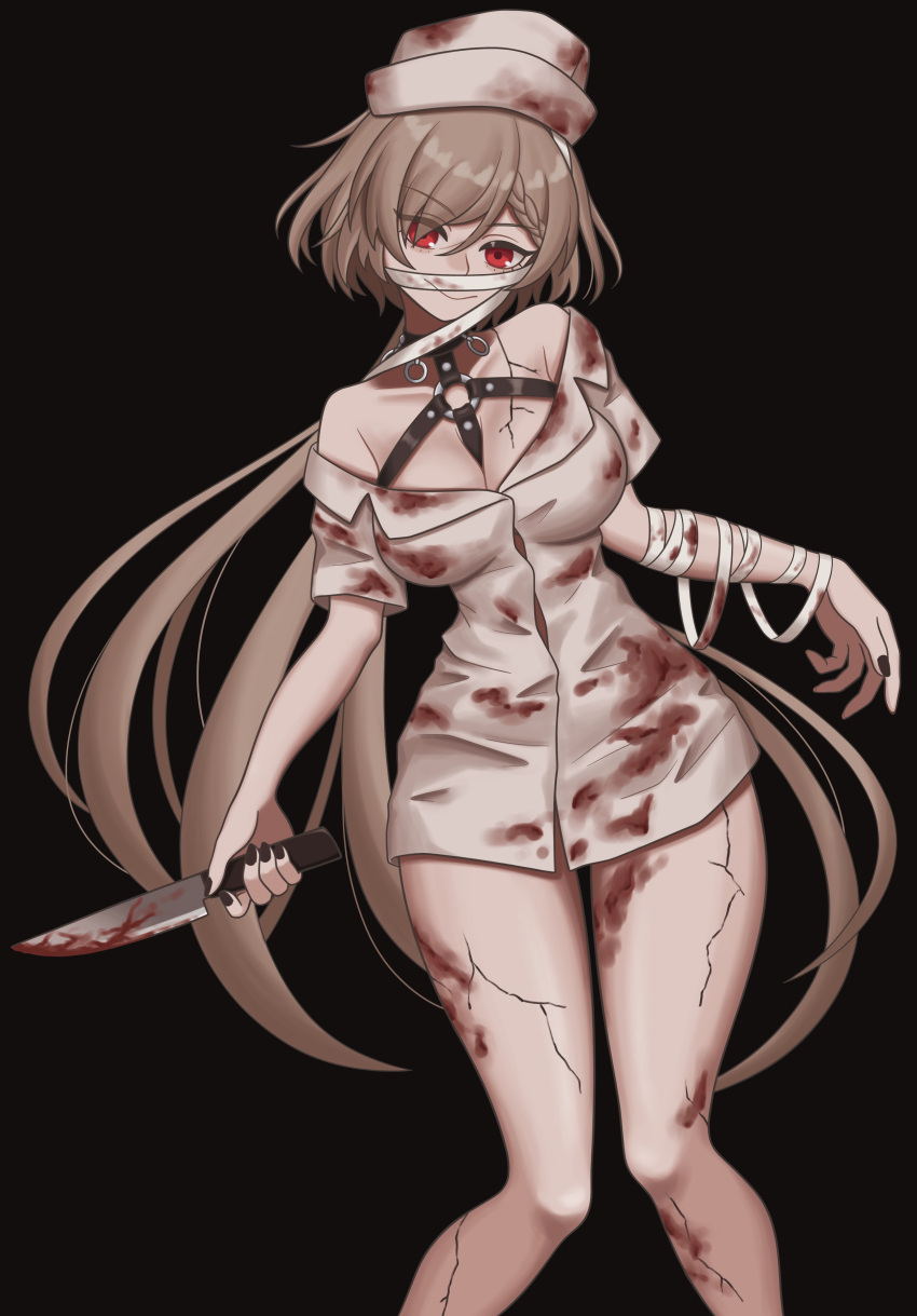 1girl absurdres bakeneko-nya bandaged_arm bandages black_background black_nails blood blood_on_clothes blood_on_knife blood_on_leg braid breasts brown_hair cleavage cowboy_shot cracked_skin french_braid girls'_frontline halloween_costume highres knife kord_(dancer_in_the_dead_silence)_(girls'_frontline) kord_(girls'_frontline) long_hair looking_at_viewer medium_breasts nurse o-ring official_alternate_costume pale_skin red_eyes smile very_long_hair