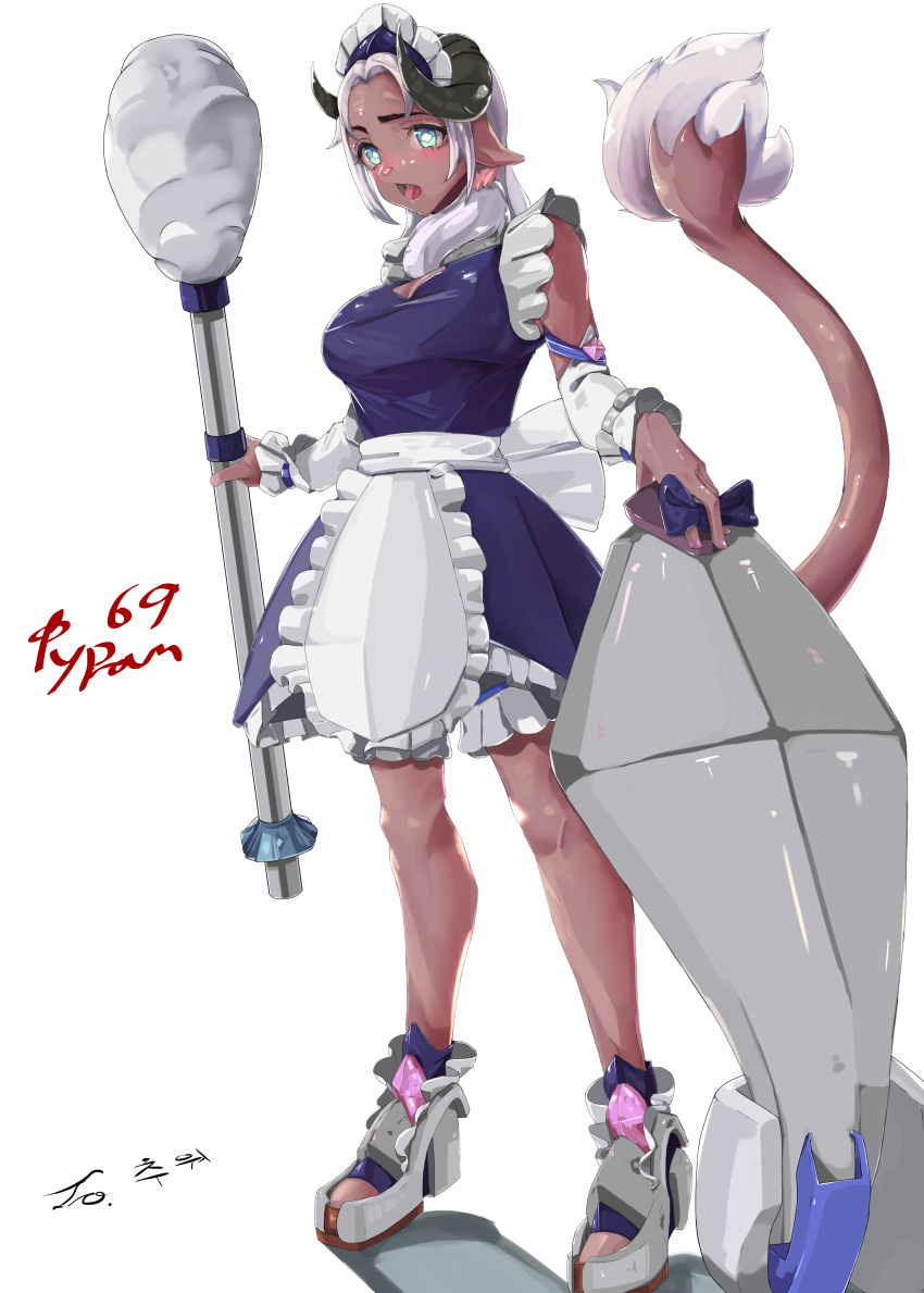 absurd_res anthro big_breasts breasts brown_body canid canine clothed clothing digital_media_(artwork) female fur green_eyes hair hi_res horn kneeling maid_uniform mammal pypan ribbons simple_background solo tail uniform unknown_species white_hair
