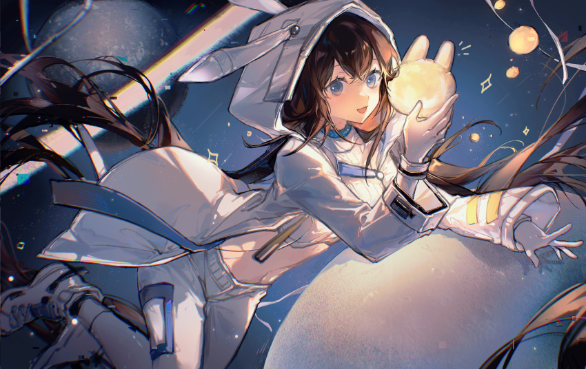 1girl :d amiya_(arknights) amiya_(guard)_(arknights) amiya_(guard)_(touch_the_stars)_(arknights) animal_hood arknights blue_eyes brown_hair coat crop_top floating_hair full_body gloves highres holding hood hood_up hooded_coat infection_monitor_(arknights) jinyusuiyu long_hair long_sleeves looking_at_viewer midriff official_alternate_costume open_clothes open_coat open_mouth pants planet rabbit_hood shirt shoes smile solo very_long_hair white_coat white_footwear white_gloves white_pants white_shirt