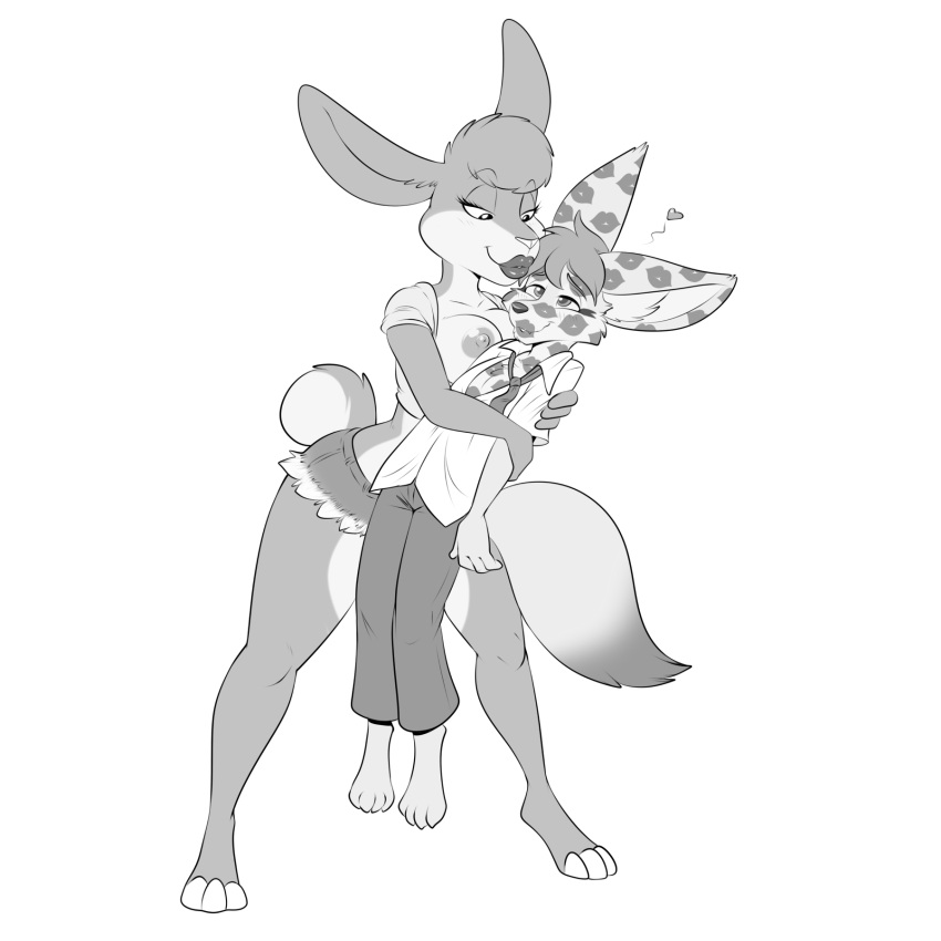 anthro canid canine duo female fennec fox hi_res kiss_mark lagomorph leporid lipstick lonbluewolf makeup male male/female mammal nipples rabbit shorter_male taller_female