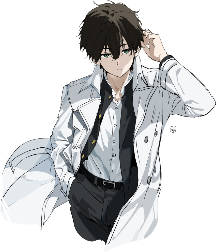 1boy artist_logo belt black_belt black_jacket black_pants brown_hair coat cropped_legs dress_shirt hair_between_eyes hand_up highres hyouka jacket labcoat looking_to_the_side male_focus mery_(yangmalgage) open_clothes open_jacket oreki_houtarou pants parted_lips red_eyes shirt short_hair sideways_glance simple_background solo teeth white_background white_coat white_shirt