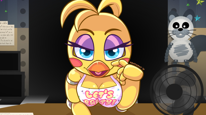 animatronic anthro avian beak bedroom_eyes bib bird blue_eyes breast_squish breasts checkered_floor chicken clothed clothing confetti darkness decoration desk digital_media_(artwork) electric_fan english_text eye_socket eyebrows eyelashes eyeliner eyeshadow female fingers five_nights_at_freddy's five_nights_at_freddy's_2 furniture galliform gallus_(genus) gesture hair half-closed_eyes hi_res looking_at_viewer machine makeup male mammal metal metallic_body narrowed_eyes notes office open_mouth oscillating_fan paper_plate phasianid purple_eyeshadow red_cheeks robot robotic_arm rodent sciurid scottgames seductive skimpy smile smiling_at_viewer solo squirrelman squish star suggestive suggestive_gesture suggestive_look suggestive_pose suggestive_topwear table teasing television text tongue topwear toy_chica_(fnaf) yellow_body