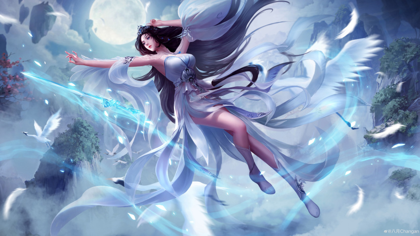 1girl absurdres armpits arms_up bare_legs bayue_changan blue_hair breasts closed_mouth cloud earrings falling_feathers floating floating_object floating_sword floating_weapon highres incredibly_absurdres jewelry large_breasts leg_up long_hair looking_to_the_side lu_xueqi_(zhu_xian) mature_female moon mountain night solo sword weapon white_footwear zhu_xian