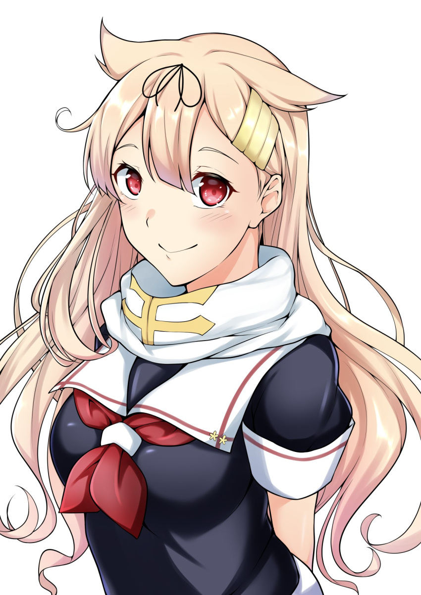 1girl black_ribbon black_serafuku blonde_hair hair_flaps hair_ornament hair_ribbon hairclip highres kantai_collection long_hair neckerchief red_eyes red_neckerchief ribbon rikkii_(likito_yuzu_is) sailor_collar scarf school_uniform serafuku simple_background smile solo white_background white_sailor_collar white_scarf yuudachi_(kancolle) yuudachi_kai_ni_(kancolle)