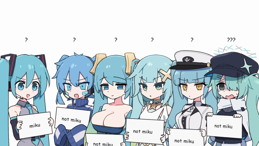 6+girls ? aqua_hair black_eyes black_headwear blue_archive blue_eyes blue_hair blue_jacket breasts cleavage closed_mouth crossover detached_sleeves dress ene_(kagerou_project) faruzan_(genshin_impact) genshin_impact goddess_of_victory:_nikke green_eyes grey_shirt hair_between_eyes hair_ornament hair_over_one_eye hatsune_miku headphones highres hiyori_(blue_archive) holding holding_sign jacket kagerou_project large_breasts league_of_legends long_hair multiple_girls necktie open_mouth orange_eyes parted_lips ponytail privaty_(nikke) shirt side_ponytail sign simple_background sleeves_past_fingers sleeves_past_wrists sona_(league_of_legends) sweat tanosii_chan track_jacket trait_connection tree_shade twintails very_long_hair vocaloid white_background x_hair_ornament