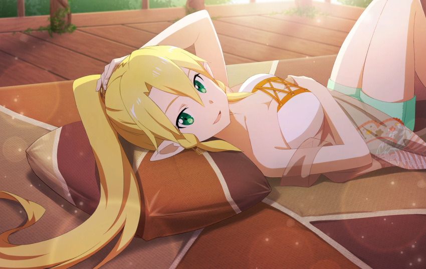 1girl :d alternate_costume bare_arms bare_legs blonde_hair breasts cleavage collarbone day green_eyes green_shorts hair_between_eyes large_breasts lens_flare lisbeth_(sao) long_hair looking_at_viewer lying on_back open_mouth outdoors pointy_ears ponytail short_shorts shorts smile solo strapless sword_art_online very_long_hair