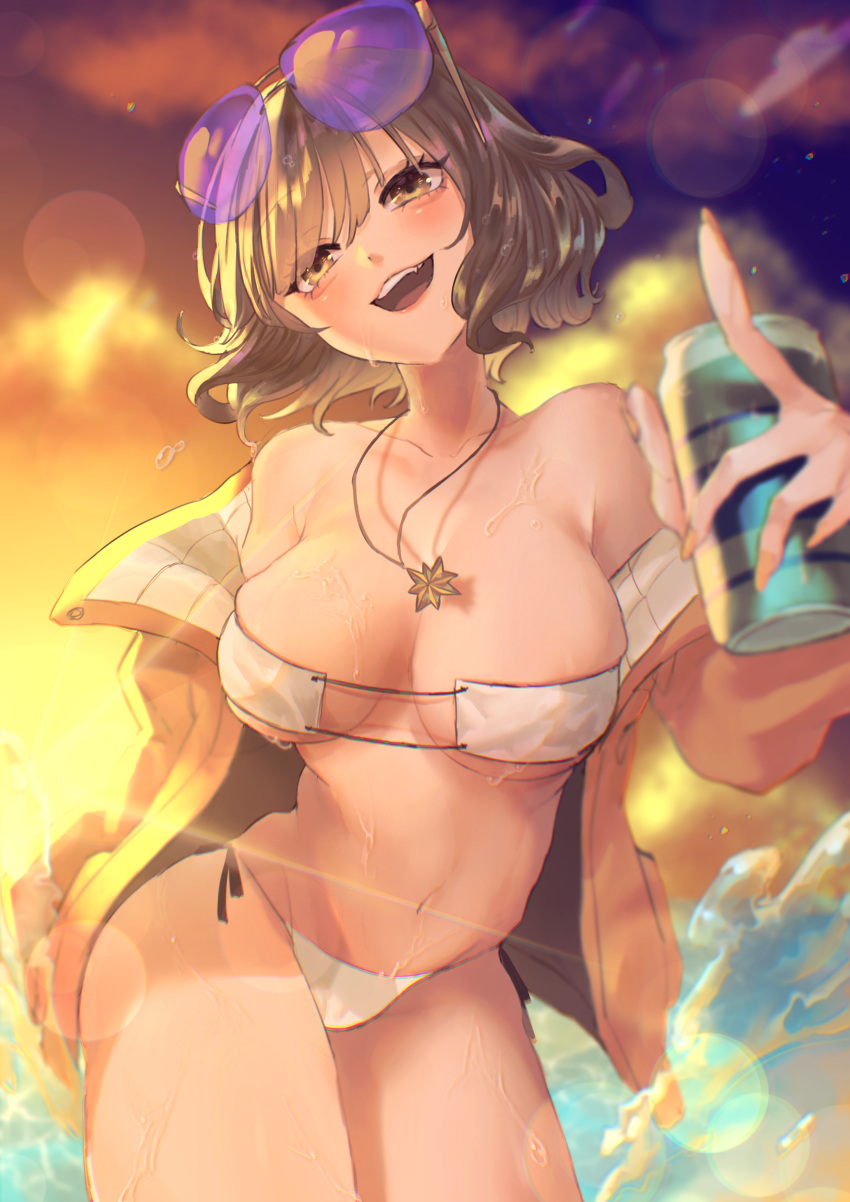 1girl absurdres anis_(nikke) anis_(sparkling_summer)_(nikke) armpit_crease aviator_sunglasses bare_shoulders bikini blush breasts brown_eyes brown_hair can cleavage collarbone commentary_request cowboy_shot eyepatch_bikini eyewear_on_head goddess_of_victory:_nikke highres holding holding_can jacket jewelry large_breasts lens_flare looking_at_viewer navel necklace ocean open_clothes open_jacket open_mouth outdoors purple-tinted_eyewear short_hair side-tie_bikini_bottom smile solo standing sunglasses sunset swimsuit synonym_paint teeth thighs tinted_eyewear underboob upper_teeth_only wet white_bikini yellow_jacket