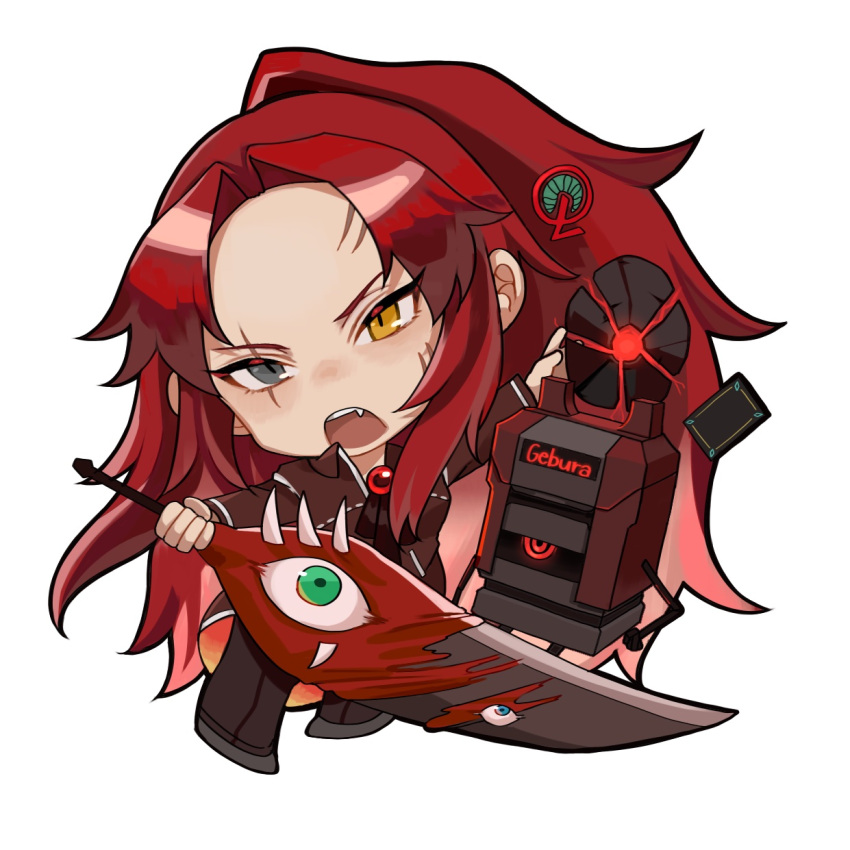 1girl ascot black_footwear black_pants brooch chibi coat e.g.o_(project_moon) fang fkrnnmr gebura_(project_moon) heterochromia high_ponytail highres holding holding_mask holding_sword holding_weapon jewelry library_of_ruina lobotomy_corporation long_hair long_sleeves mask open_mouth pants parted_bangs project_moon red_ascot red_coat red_hair robot scar scar_across_eye shoes sidelocks simple_background solo sword very_long_hair weapon white_background