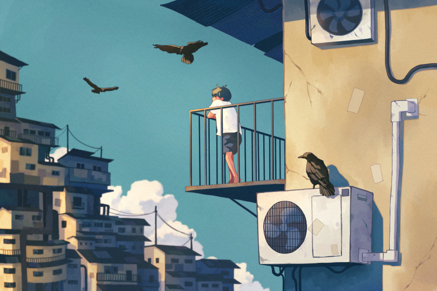 1boy air_conditioner balcony bird blue_shorts blue_sky cable cloud commentary_request crow day flying highres industrial_pipe original outdoors power_lines railing scenery shirt short_hair short_sleeves shorts sky solo taizo4282 utility_pole white_shirt wide_shot