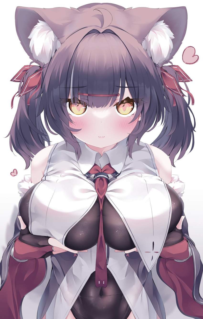 1girl absurdres ahoge animal_ears black_gloves black_hair blush breast_lift breasts detached_sleeves fangs fingerless_gloves fox_ears fox_girl fur-trimmed_sleeves fur_trim gloves hair_between_eyes hair_intakes hair_ornament hair_ribbon hairclip heart highres konagi_(konotuki) large_breasts leotard looking_at_viewer medium_hair navel necktie original red_necktie red_ribbon ribbon see-through see-through_leotard simple_background skin_fangs solo twintails upper_body white_background wing_collar yellow_eyes