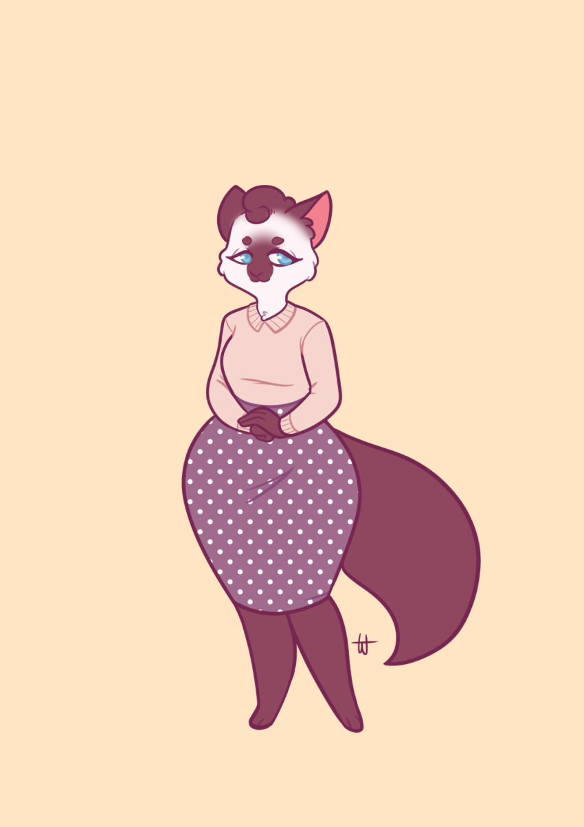 2015 anthro blue_eyes clothed clothing digital_drawing_(artwork) digital_media_(artwork) domestic_cat felid feline felis female florence_(marshmallowfury) fully_clothed hi_res looking_at_viewer mammal marshmallowfury polka_dot_skirt siamese simple_background solo sweater toony topwear