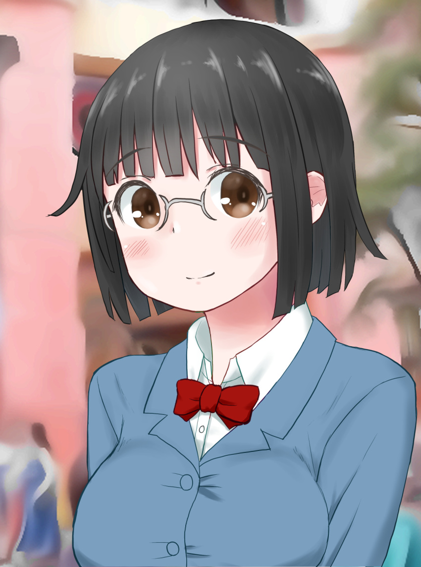 1girl black_hair blue_jacket blunt_bangs blunt_ends blurry blurry_background blush bob_cut bow bowtie breasts brown_eyes building close-up closed_mouth commentary depth_of_field dress_shirt durarara!! glasses grey-framed_eyewear highres jacket large_breasts light_smile looking_at_viewer outdoors portrait red_bow red_bowtie school_uniform semi-rimless_eyewear shirt short_hair smile solo sonohara_anri taut_jacket tree upper_body wataru_ryourei white_shirt