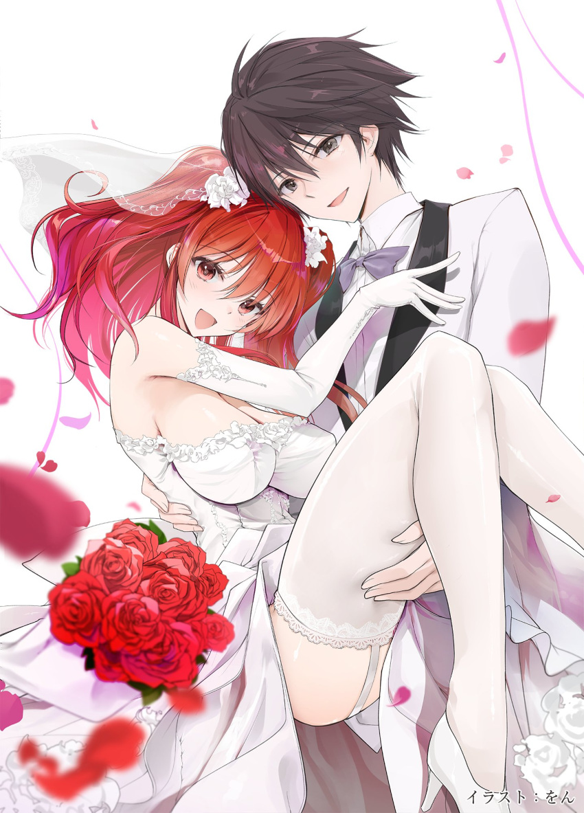 1boy 1girl black_hair bouquet bow bowtie bridal_veil brown_eyes carrying dress elbow_gloves flower garter_belt gloves highres kurogane_ikki novel_illustration official_art princess_carry rakudai_kishi_no_cavalry red_eyes red_flower red_hair red_rose rose saitou_(painfotsai) stella_vermillion thighhighs tuxedo veil wedding wedding_dress white_thighhighs