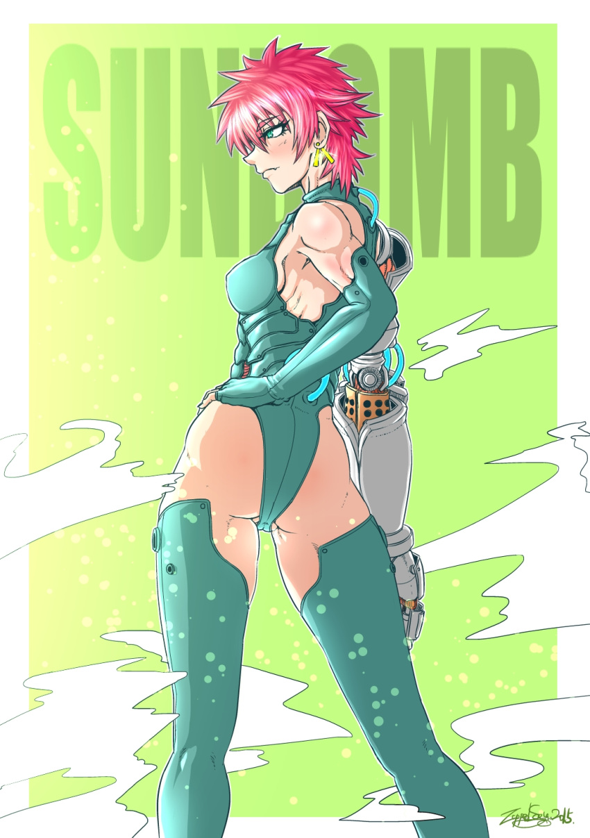 1girl ass bare_shoulders boots breasts earrings exoskeleton fingerless_gloves from_behind gloves green_eyes hand_on_own_hip highres jewelry mecha_musume mechanical_arms mechanical_parts medium_breasts muscular muscular_female original prosthesis prosthetic_arm prosthetic_hand red_hair science_fiction sideboob signature sleeveless solo tattoo thigh_boots zippedsquire