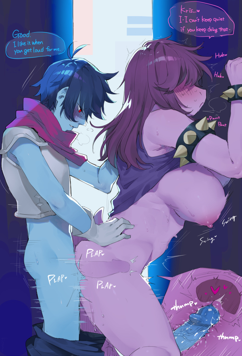 &lt;3 alley anthro anthro_penetrated armband big_breasts blue_body blue_skin bodily_fluids bottomless bottomwear bottomwear_down bracelet breasts censor_bar censored cervix clothed clothing deltarune dialogue duo english_text female female_penetrated gloves hair hair_over_eyes handwear hi_res human human_on_anthro human_penetrating human_penetrating_anthro ineffective_censorship internal internal_vaginal interspecies jewelry kris_(deltarune) larger_anthro larger_female male male/female male_on_anthro male_penetrating male_penetrating_female mammal nipples pants pants_down partially_clothed penetration penile penile_penetration penis_in_pussy pink_body plap red_eyes reptile scalie scarf sex shirt side_boob side_view size_difference small_dom_big_sub smaller_human smaller_male spiked_armband spiked_bracelet spikes sskomu_(artist) susie_(deltarune) sweat tank_top text topwear undertale_(series) uterus vaginal vaginal_penetration