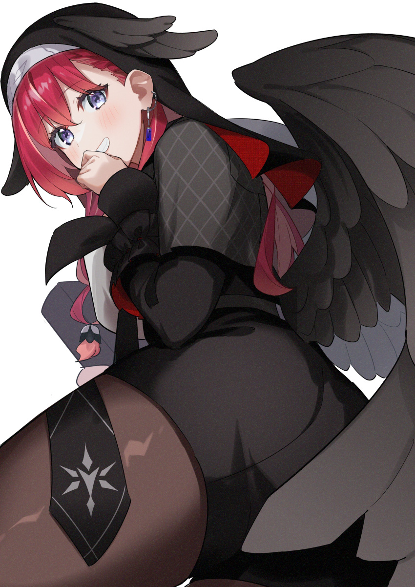 1girl absurdres ass black_necktie black_shirt black_shorts black_thighhighs black_wings blue_eyes blue_gemstone blush capelet commentary earrings feathered_wings gem grey_capelet grin habit head_wings high-waist_shorts highres itame_moyashi jewelry konkon_aria long_hair long_sleeves looking_at_viewer low_wings necktie neo-porte red_hair shirt shorts simple_background smile solo symbol-only_commentary thighhighs virtual_youtuber white_background wings