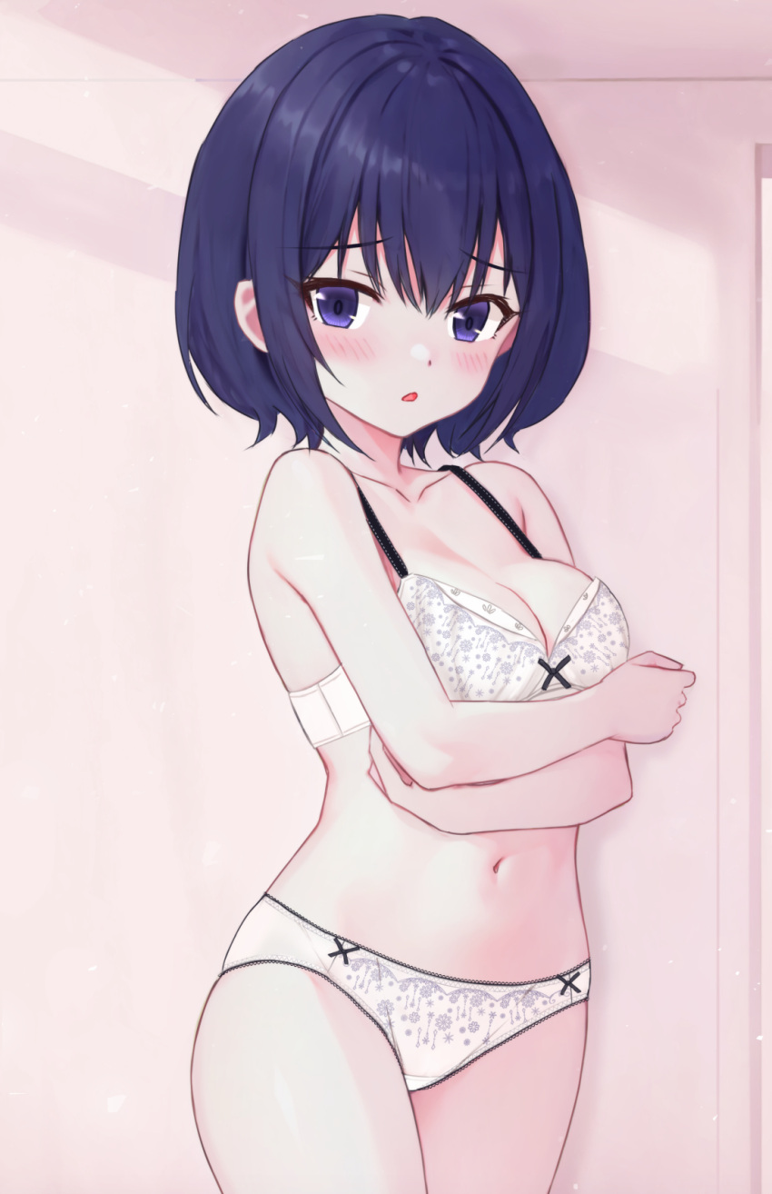 1girl blue_eyes blue_hair blush bob_cut bow bow_bra bra breasts commentary cowboy_shot crossed_arms crotch_seam highres lace-trimmed_bra lace-trimmed_panties lace_trim light_frown looking_at_viewer medium_breasts navel open_mouth original panties print_bra print_panties shooko short_hair solo standing underwear underwear_only white_bra white_panties