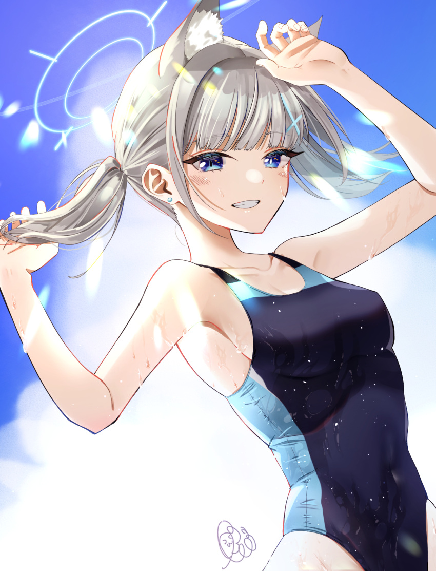 1girl animal_ear_fluff animal_ears bangs black_one-piece_swimsuit blue_archive blue_eyes blue_sky breasts cloud competition_swimsuit covered_navel cross_hair_ornament extra_ears grey_hair grin hair_ornament halo highres leonis_g low_ponytail medium_breasts medium_hair mismatched_pupils multicolored_clothes multicolored_swimsuit one-piece_swimsuit shiroko_(blue_archive) shiroko_(swimsuit)_(blue_archive) sky smile solo swimsuit wolf_ears