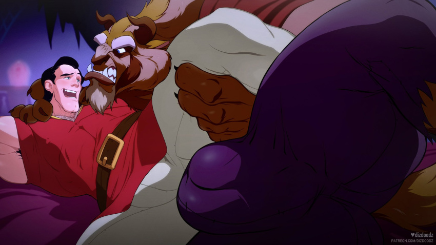 2_horns anthro armpit_hair beast_(disney) beauty_and_the_beast body_hair bulge disney dizdoodz duo fur gaston hi_res horn human male male/male mammal monster muscular muscular_male size_difference