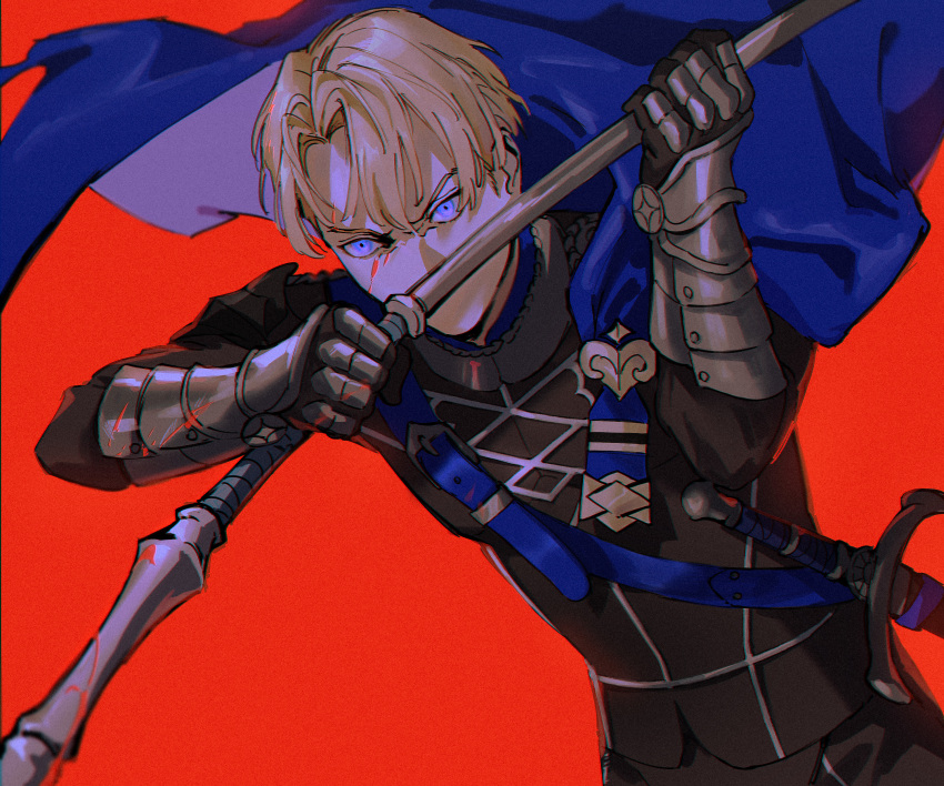 1boy absurdres armor black_jacket blonde_hair blood blue_cape blue_eyes cape dimitri_alexandre_blaiddyd fire_emblem fire_emblem:_three_houses highres holding holding_weapon jacket parted_bangs red_background roru_(lol_dessin) scabbard sheath sheathed short_hair simple_background solo standing sword upper_body vambraces weapon