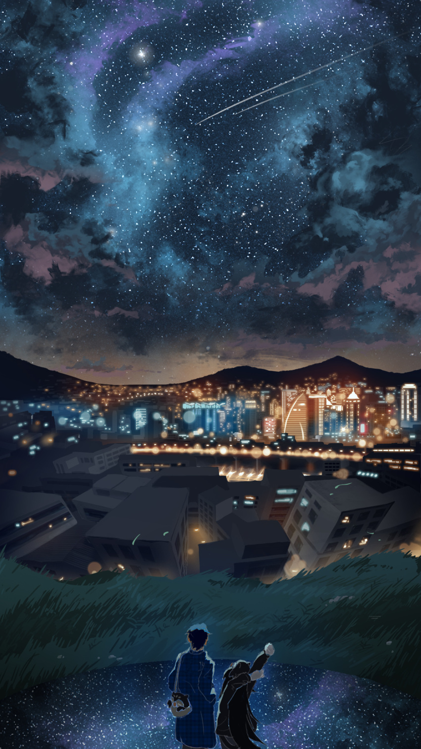 1boy 1girl absurdres black_coat blue_coat building chinese_commentary city_lights cityscape coat grass highres hill kang_amo landscape long_hair meteor milky_way moon mountainous_horizon night night_sky original plaid_coat scenery sky skyscraper standing star_(sky) starry_sky stretching