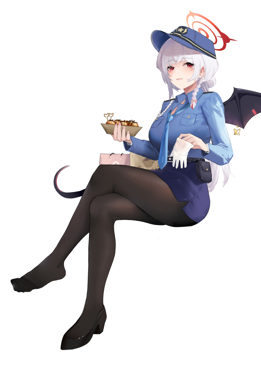 1girl :d absurdres bag belt belt_pouch black_footwear black_pantyhose black_wings blue_archive blue_headwear blue_necktie blue_skirt braid breast_pocket breasts crossed_legs demon_girl demon_tail demon_wings food gloves halo haruna_(blue_archive) hat high_heels highres holding holding_food invisible_chair large_breasts long_hair long_sleeves looking_at_viewer miniskirt necktie open_mouth pantyhose pocket police police_hat police_uniform policewoman pouch red_eyes shoes shopping_bag side_braid single_shoe sitting skirt smile solo tail uniform white_gloves wings xiaobei