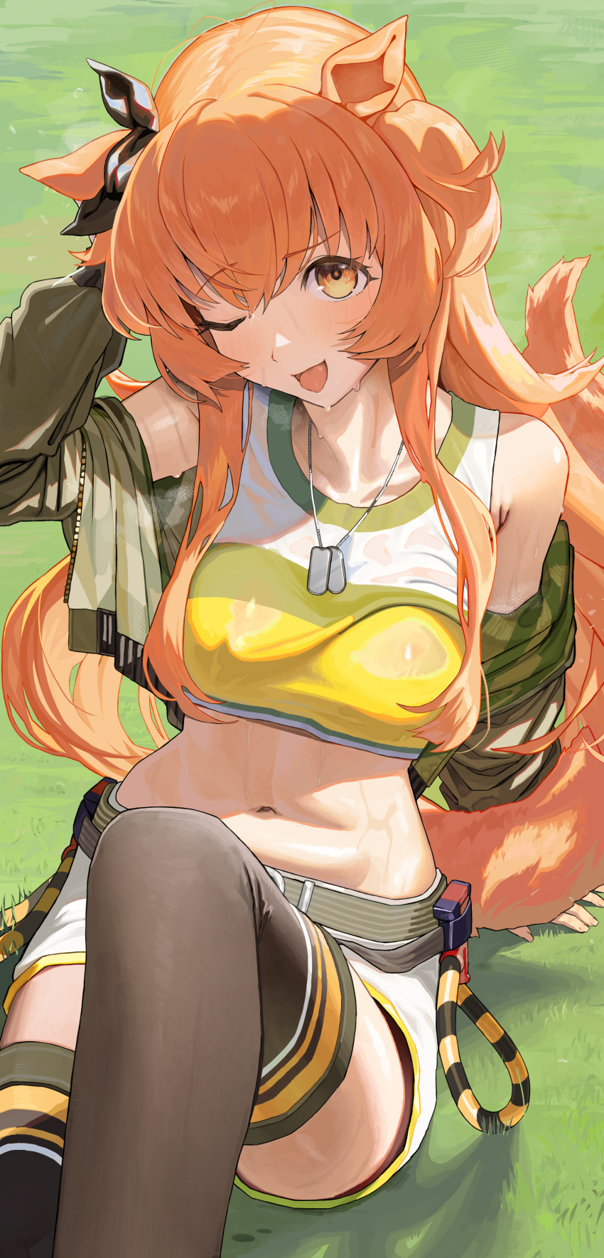 1girl ;d absurdres animal_ears arm_up b:ga bare_shoulders blush breath crop_top dog_tags highres horse_ears horse_girl horse_tail jacket long_sleeves looking_at_viewer mayano_top_gun_(umamusume) midriff off_shoulder one_eye_closed open_clothes open_jacket open_mouth orange_eyes orange_hair short_shorts shorts sitting smile solo stomach sweat tail thighhighs umamusume