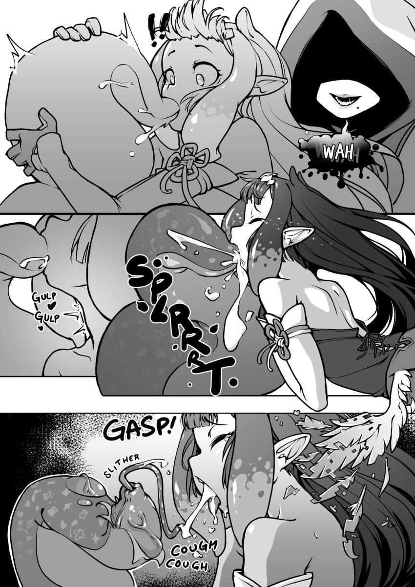 &lt;3 5_fingers animal_humanoid armwear back_wings bare_shoulders black_background bodily_fluids cephalopod cephalopod_humanoid clothed clothing comic coughing crown crying detached_sleeves dialogue disappearing_wing doujinshi duo english_text exclamation_point eyebrow_through_hair eyebrows eyelashes eyes_closed female fingers flat_chested glistening glistening_hair gloves gulp_(sound_effect) hair handwear headgear hi_res hololive_en hood humanoid humanoid_hands humanoid_pointy_ears jarv_(artist) long_hair marine marine_humanoid markings mole_(marking) mole_on_cheek mole_under_eye mollusk mollusk_humanoid monochrome ninomae_ina'nis not_furry open_mouth oral oral_penetration penetration priest pseudo_hair saliva saliva_string simple_background smile sound_effects speech_bubble splurt squid_humanoid suggestive_fluid swallowing tapering_tentacles tears teeth tentacle_hair tentacle_in_mouth tentacle_mouth tentacle_penetration tentacle_tongue tentacles text thick_tentacles tiara tongue tongue_out torn_skin translucent translucent_hair tremble_spikes vein veiny_tentacles white_background white_wings winged_humanoid wings