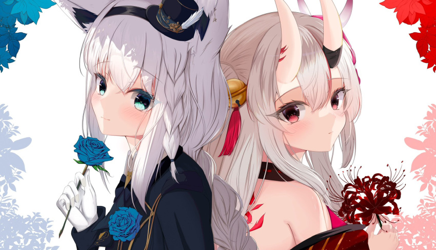 animal_ear_fluff animal_ears back_tattoo bare_shoulders bell blue_flower blue_jacket blue_rose blush braid braided_ponytail commentary_request double_bun earrings flower flower_request fox_ears fox_girl green_eyes hair_bell hair_between_eyes hair_bun hair_ornament highres holding holding_flower hololive horns jacket japanese_clothes jewelry kimono long_hair looking_at_viewer mask mask_on_head miaruri multicolored_hair nakiri_ayame oni_horns oni_mask red_eyes red_hair red_kimono rose shirakami_fubuki sidelocks single_braid smile streaked_hair tattoo virtual_youtuber white_hair