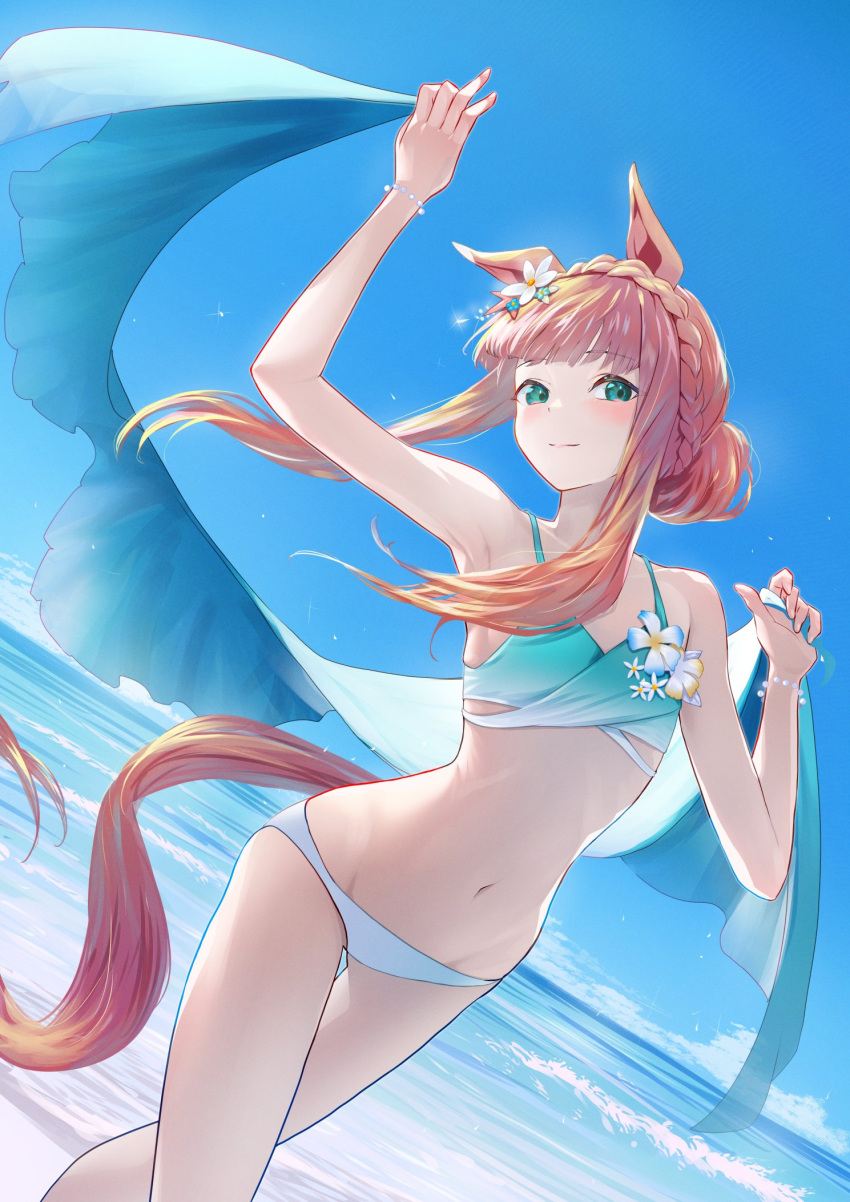 1girl animal_ears arm_up bare_shoulders bikini bracelet braid closed_mouth cloud crown_braid day feet_out_of_frame flat_chest flower green_bikini green_eyes hair_bun hair_flower hair_ornament highres holding_sarong horizon horse_ears horse_girl horse_tail jewelry long_hair looking_at_viewer mismatched_bikini nabe_puyo ocean orange_hair outdoors sarong silence_suzuka_(emerald_on_the_waves)_(umamusume) silence_suzuka_(umamusume) smile solo standing swimsuit tail umamusume